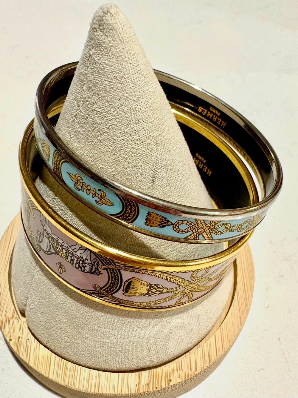 Authentic Hermes Grand Apparat Enamel Bangle Bracelet Set Wide Pink Narrow Blue